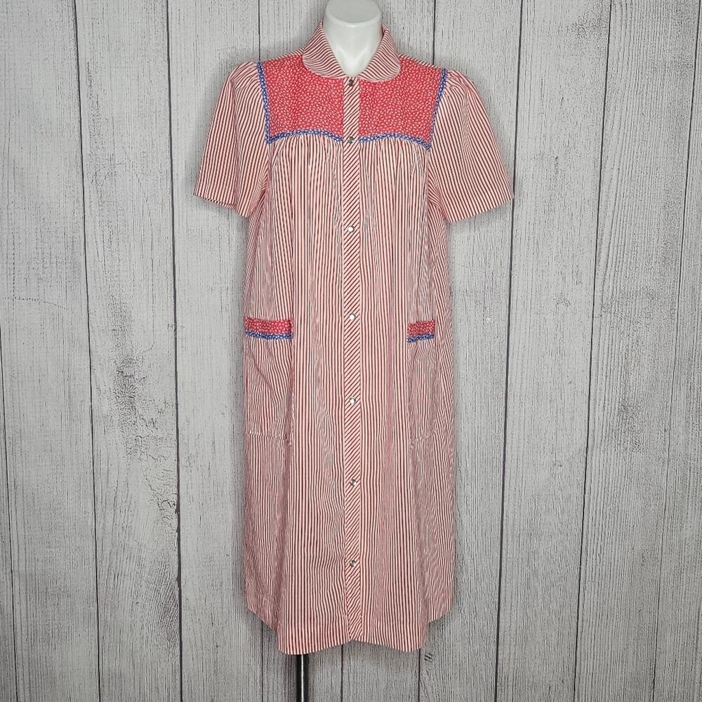 VTG Red, White, & Blue Striped Floral KOMAR Shirt Dress, size Medium